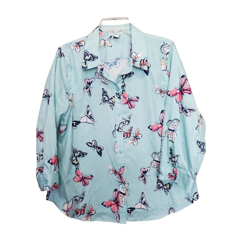 Coldwater Creek Cotton Blue Butterfly Print Button-Up Shirt Size 16